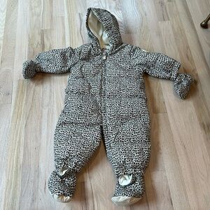 Baby GAP snowsuit with feet and hand covering fleece lined leopard print